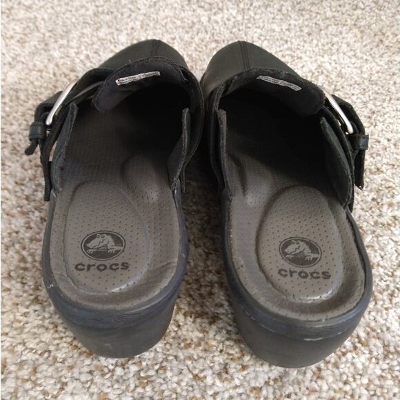 Crocs Black Leather Slip-On Mules Women’s Size 8 Comfort Clogs - Picture 4 of 11
